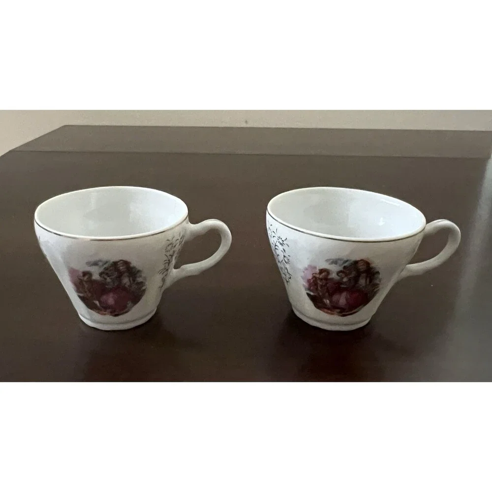 Vintage Courting Couple Demitasse 2 Cups 1 Saucer Set Japan Gold Accent